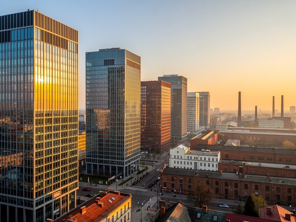 Panorama Katowic z biurowcami i szklanymi fasadami budynków komercyjnych